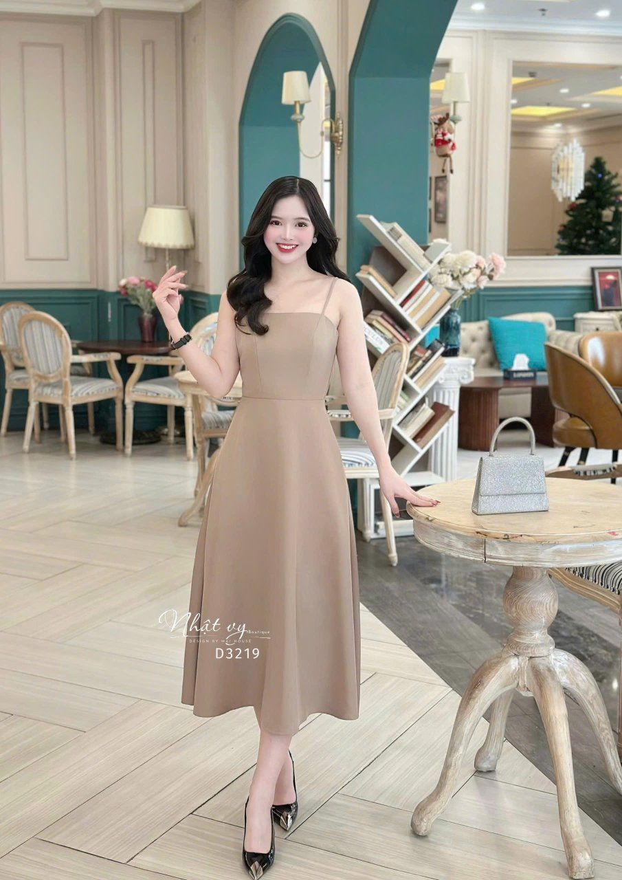 Set đầm 2 dây dáng xoè kèm áo khoác trễ vai - D3219