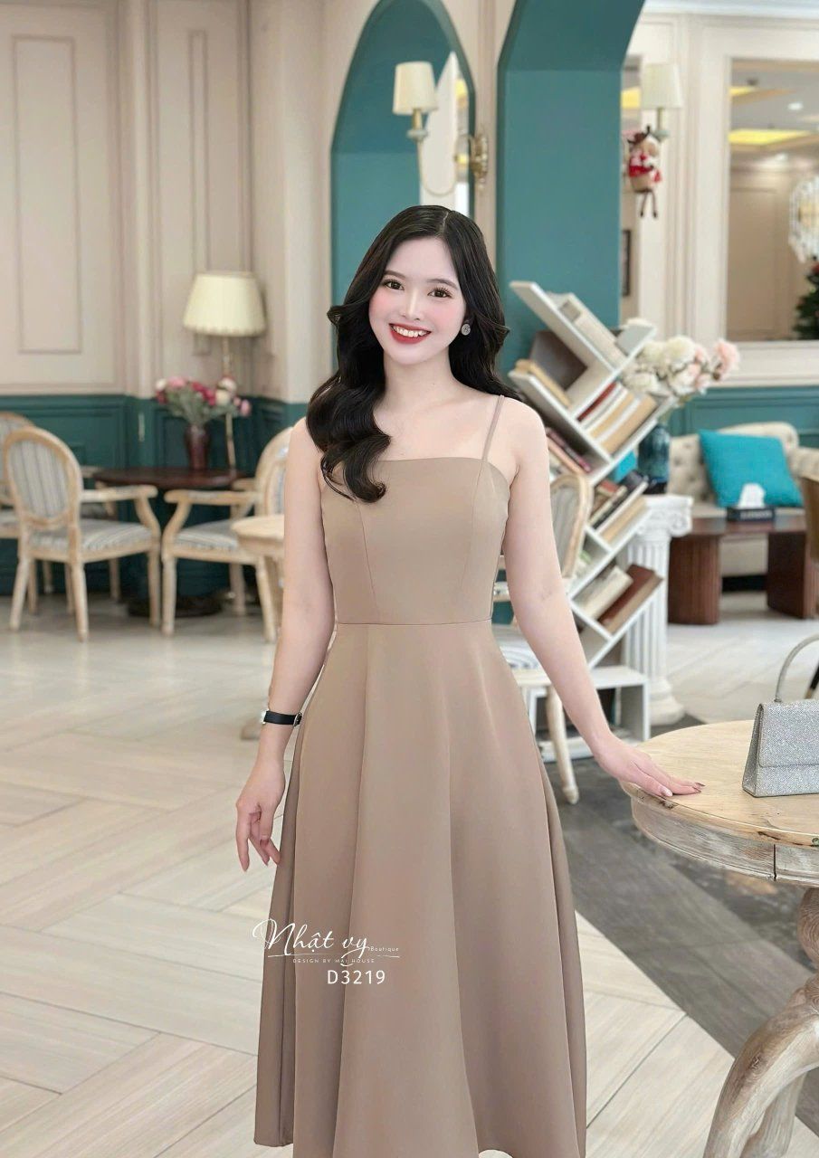 Set đầm 2 dây dáng xoè kèm áo khoác trễ vai - D3219