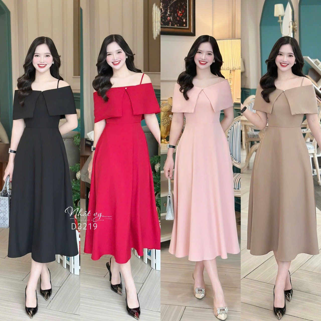 Set đầm 2 dây dáng xoè kèm áo khoác trễ vai - D3219