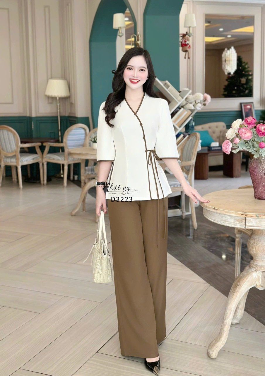 Set đồ lam cổ V cột dây eo - D3223