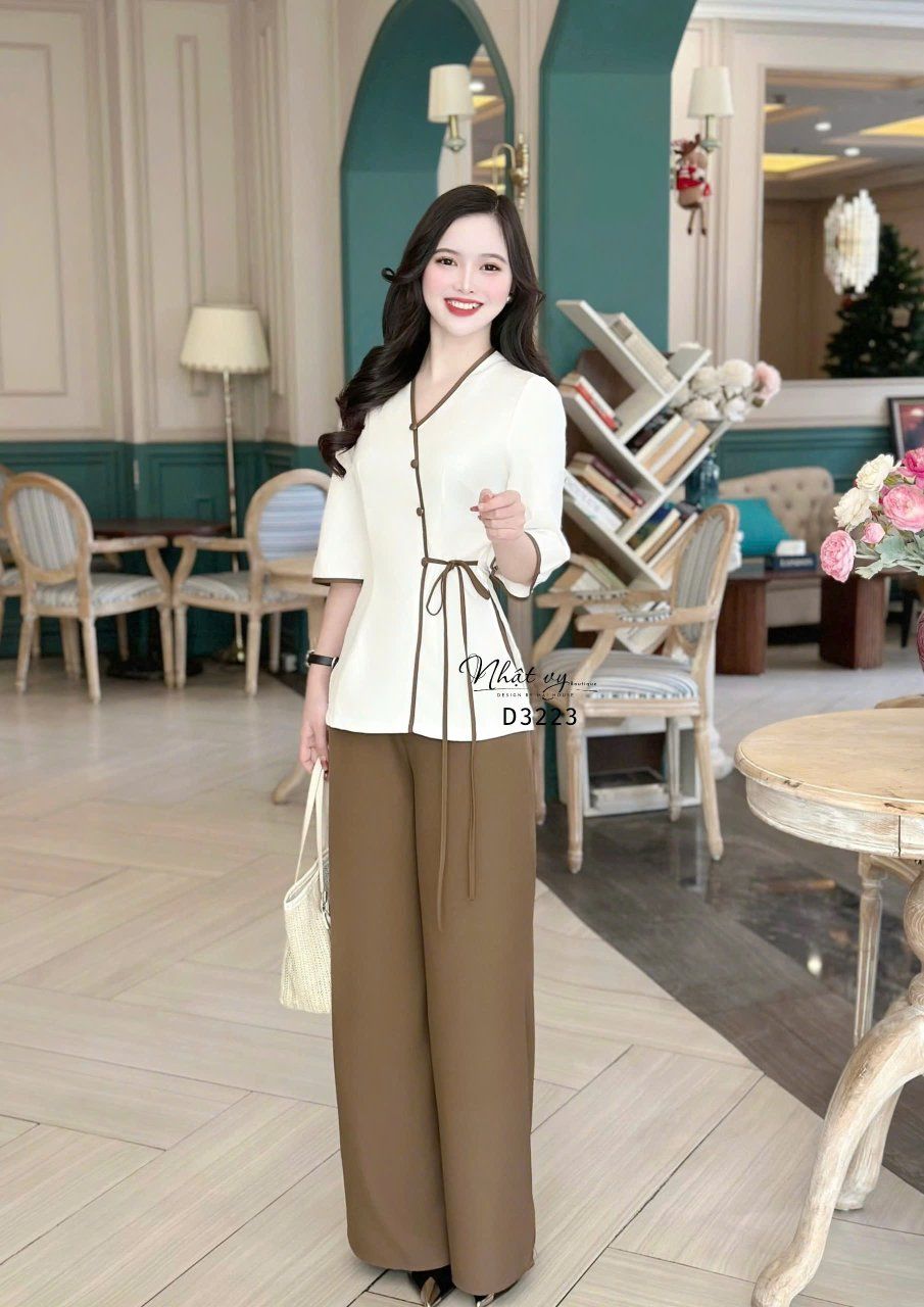 Set đồ lam cổ V cột dây eo - D3223