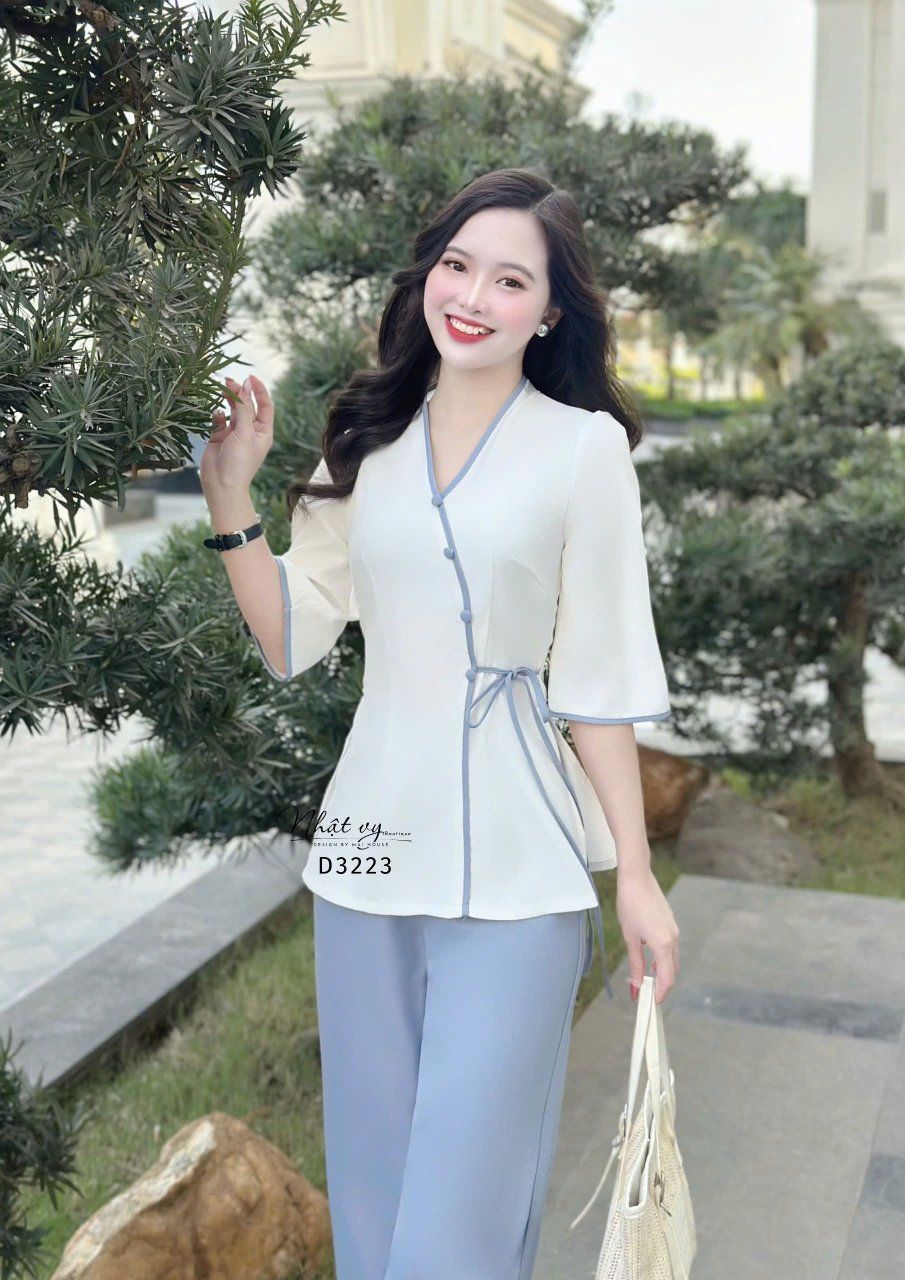 Set đồ lam cổ V cột dây eo - D3223