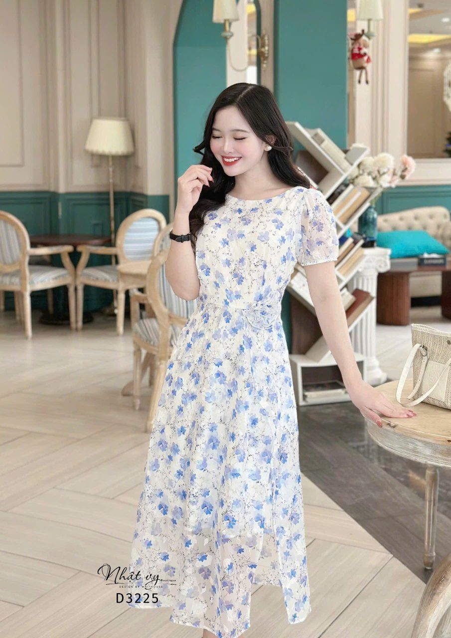 Đầm voan hoa cổ thuyền form dáng xoè - D3225