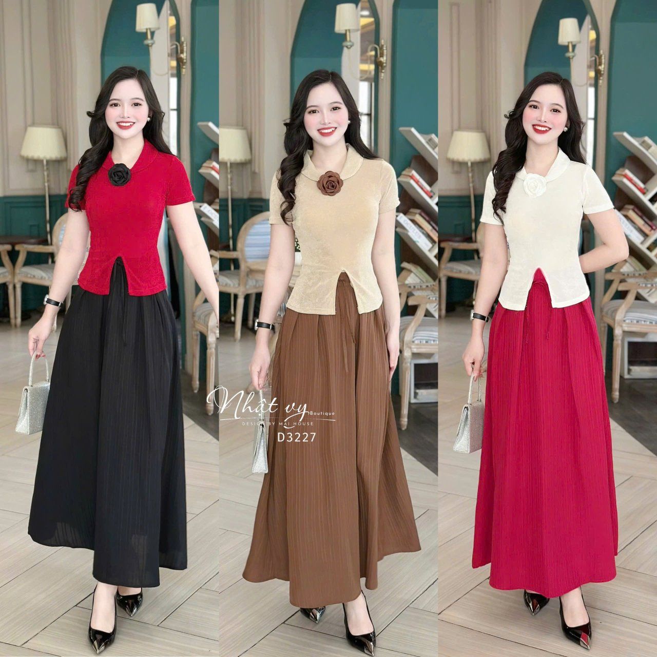 Set áo thun cổ bèo cài hoa kèm chân váy dáng dài - D3227
