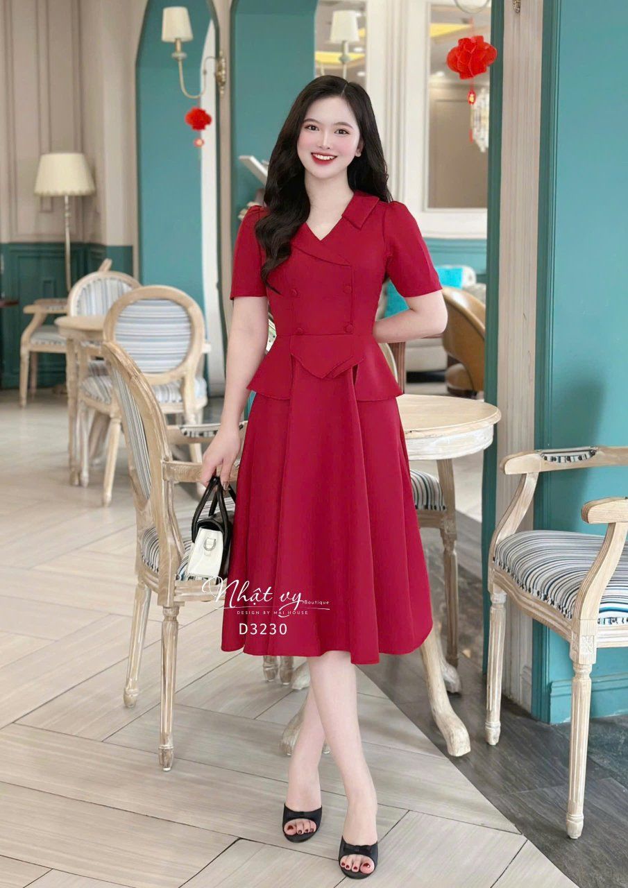 Đầm cổ V bèo cách điệu đính nút bọc form dáng xoè - D3230