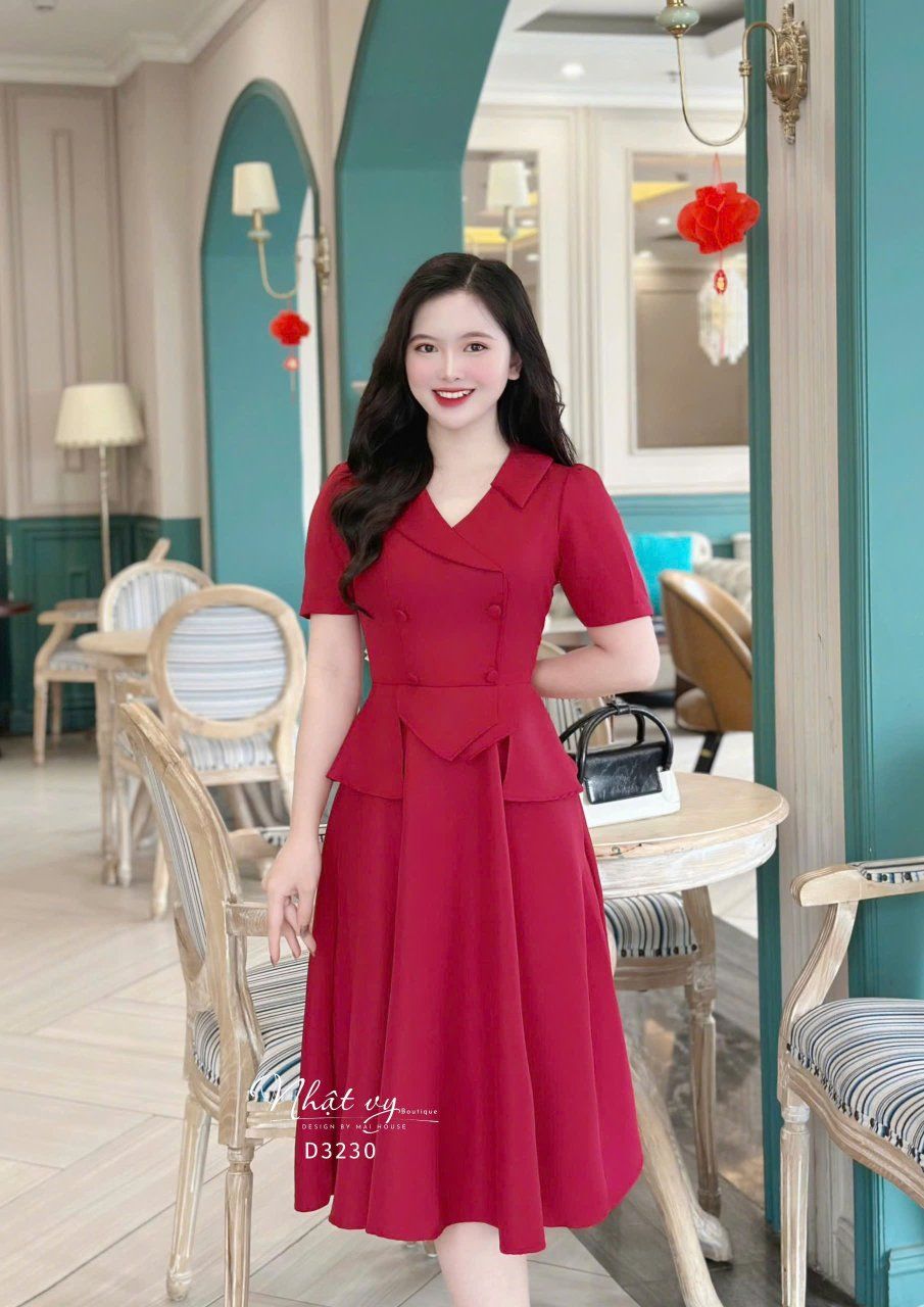 Đầm cổ V bèo cách điệu đính nút bọc form dáng xoè - D3230