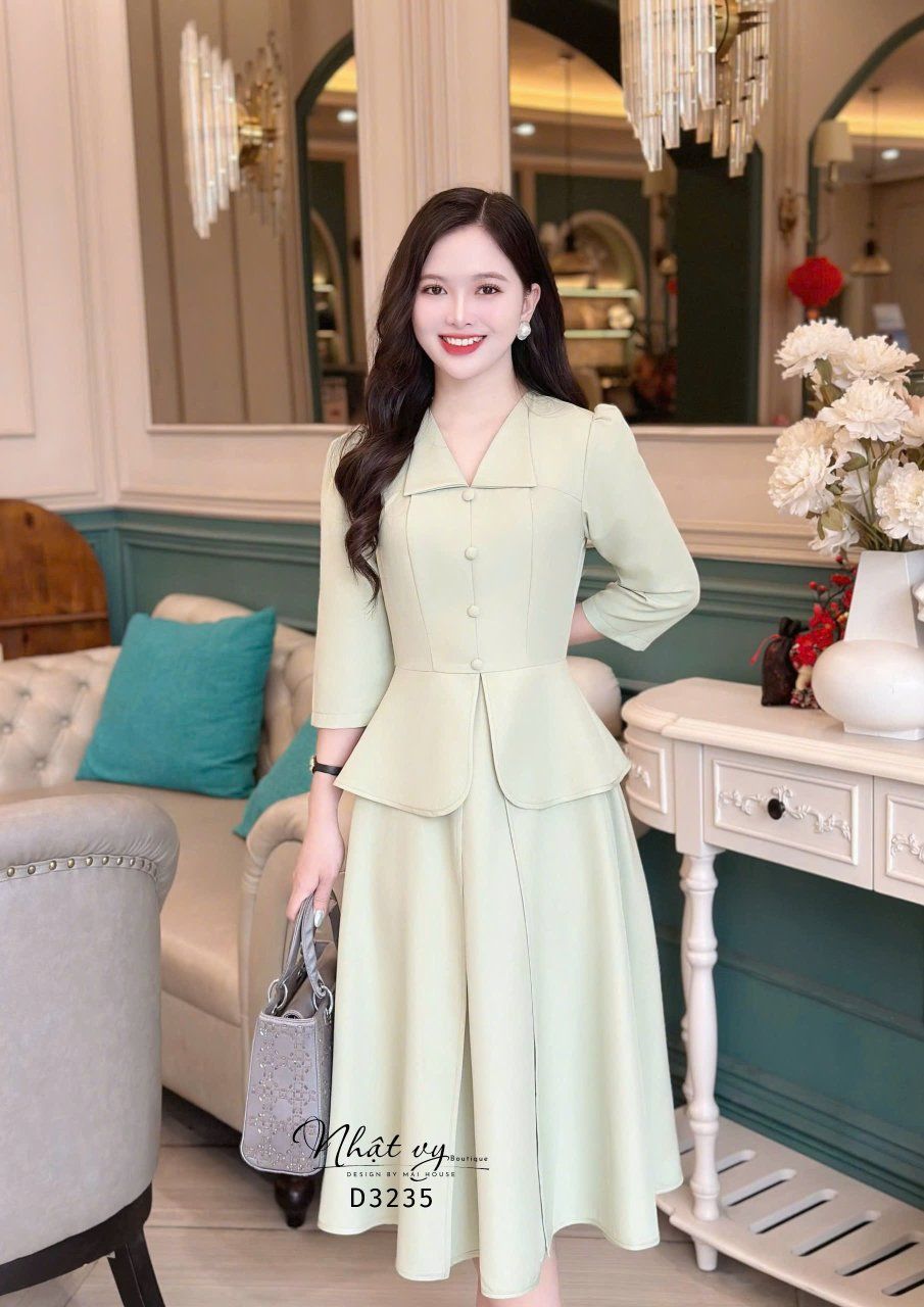 Đầm peplum cổ V bèo đính nút bọc - D3235
