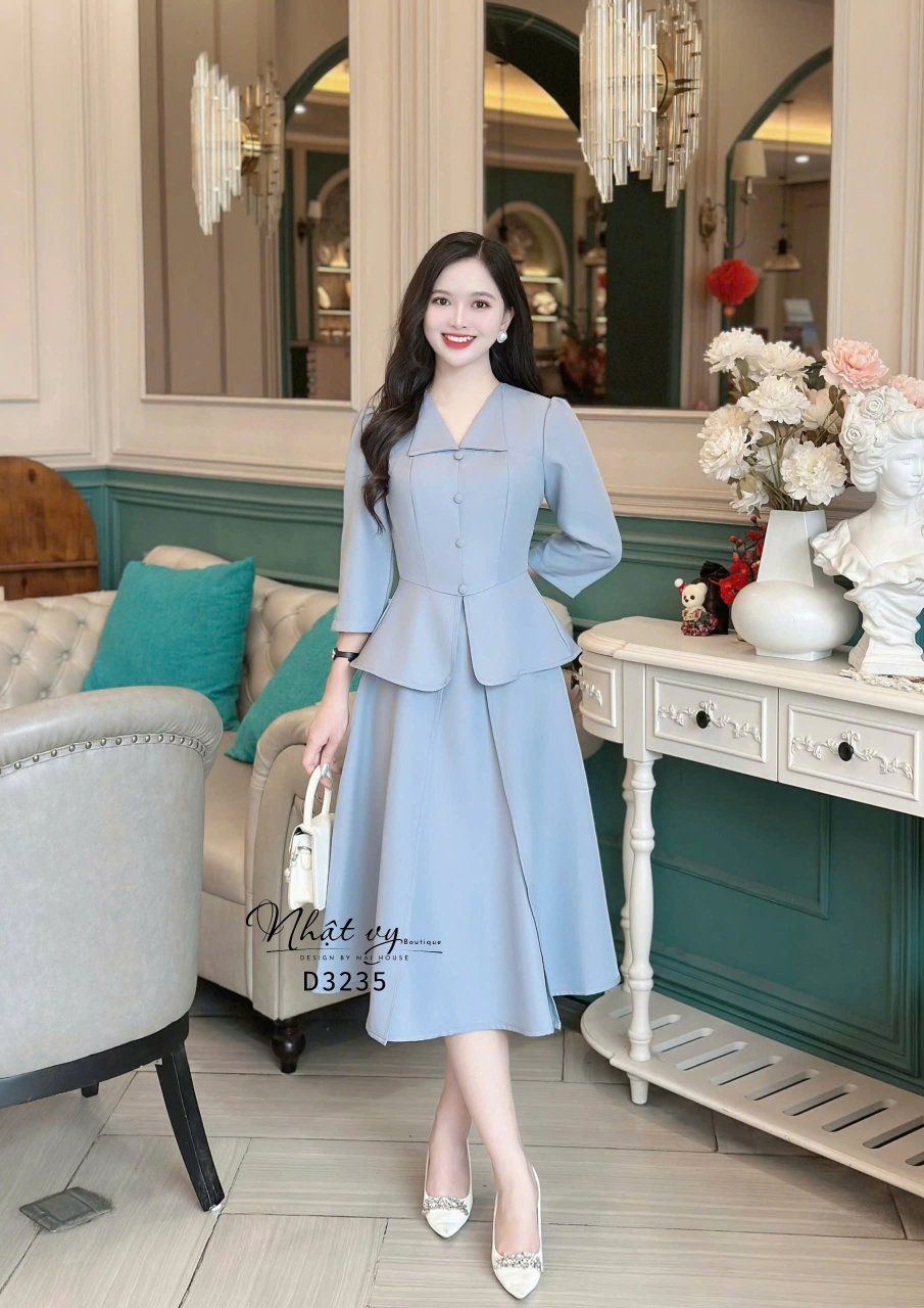 Đầm peplum cổ V bèo đính nút bọc - D3235