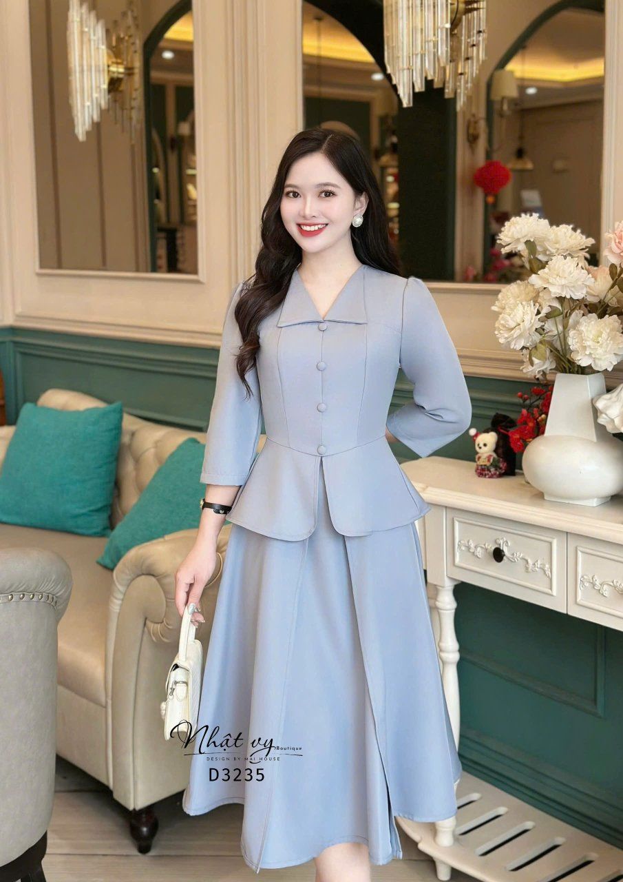 Đầm peplum cổ V bèo đính nút bọc - D3235
