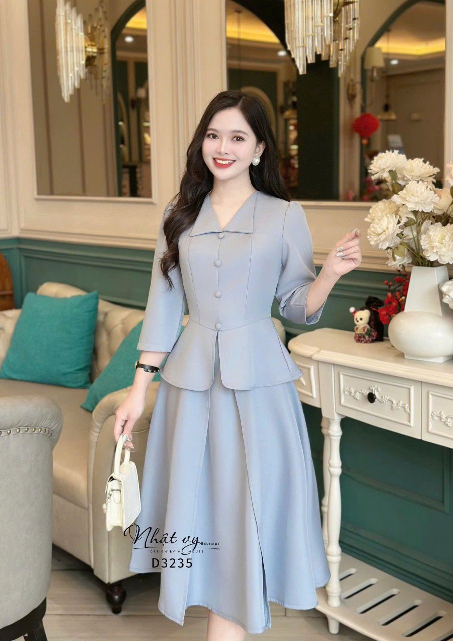 Đầm peplum cổ V bèo đính nút bọc - D3235