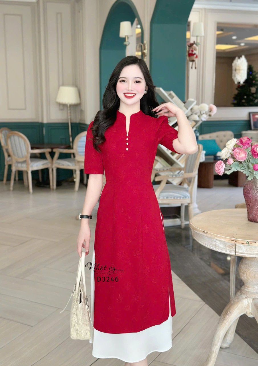 Áo dài cách tân kèm chân váy cổ tàu đính hạt ngọc - D3246