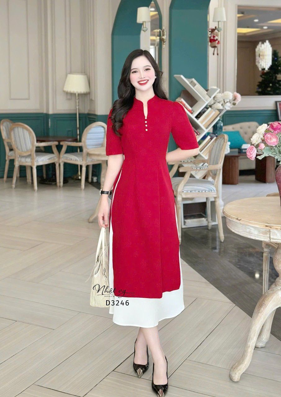 Áo dài cách tân kèm chân váy cổ tàu đính hạt ngọc - D3246