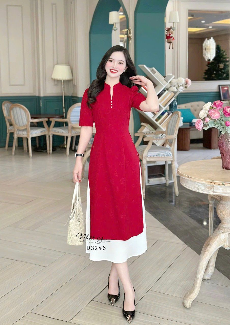 Áo dài cách tân kèm chân váy cổ tàu đính hạt ngọc - D3246