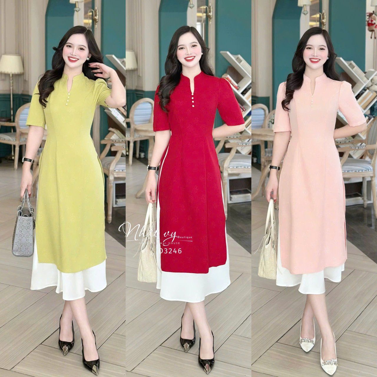 Áo dài cách tân kèm chân váy cổ tàu đính hạt ngọc - D3246