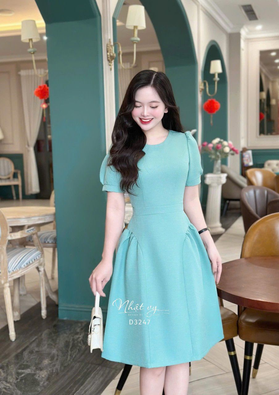 Đầm cổ tròn tay nhún phồng form dáng xoè - D3247