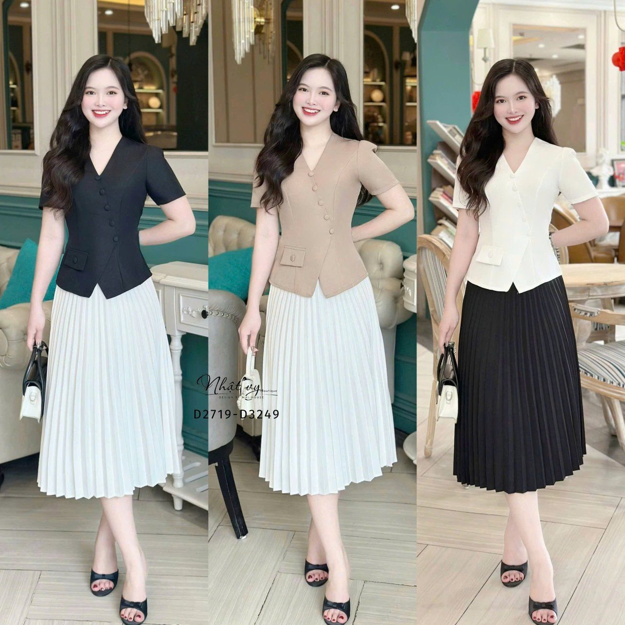 Áo cổ V đính nút bọc xẻ tà cách điệu - D3249