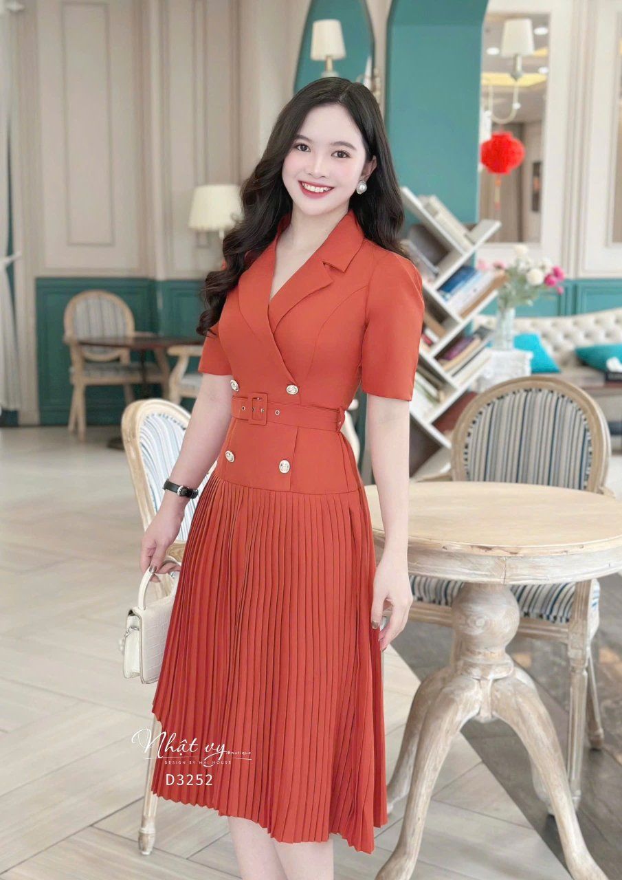Đầm cổ vest dập ly thắt dây belt liền - D3252