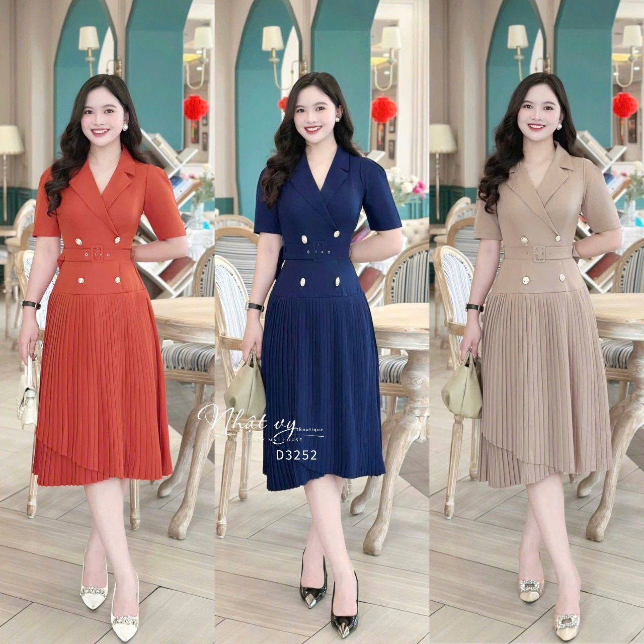 Đầm cổ vest dập ly thắt dây belt liền - D3252