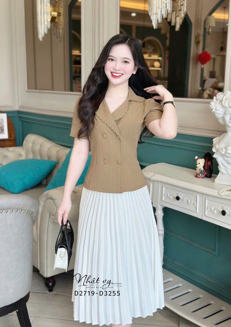 Áo cổ vest tay phồng cổ viền chỉ - D3255