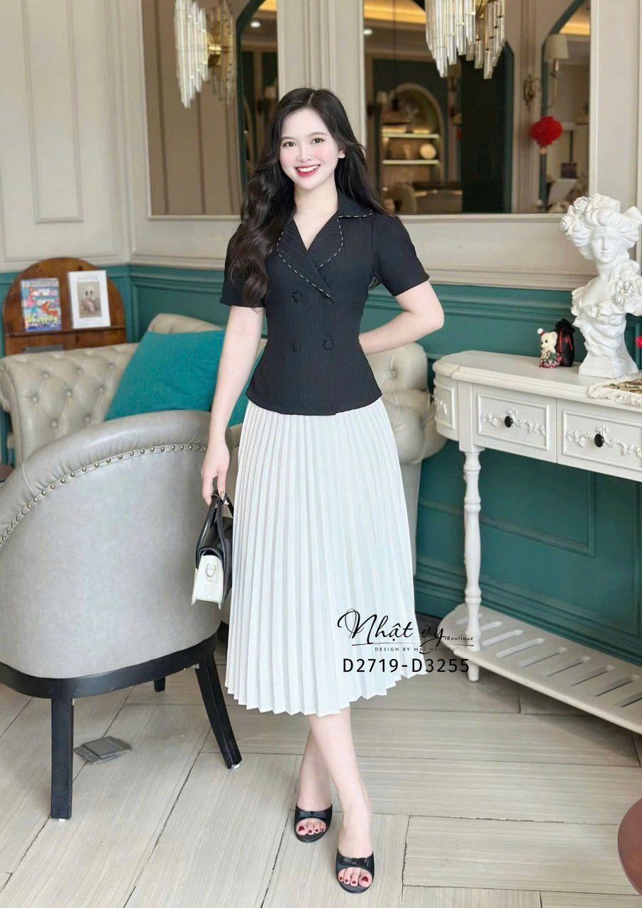 Áo cổ vest tay phồng cổ viền chỉ - D3255