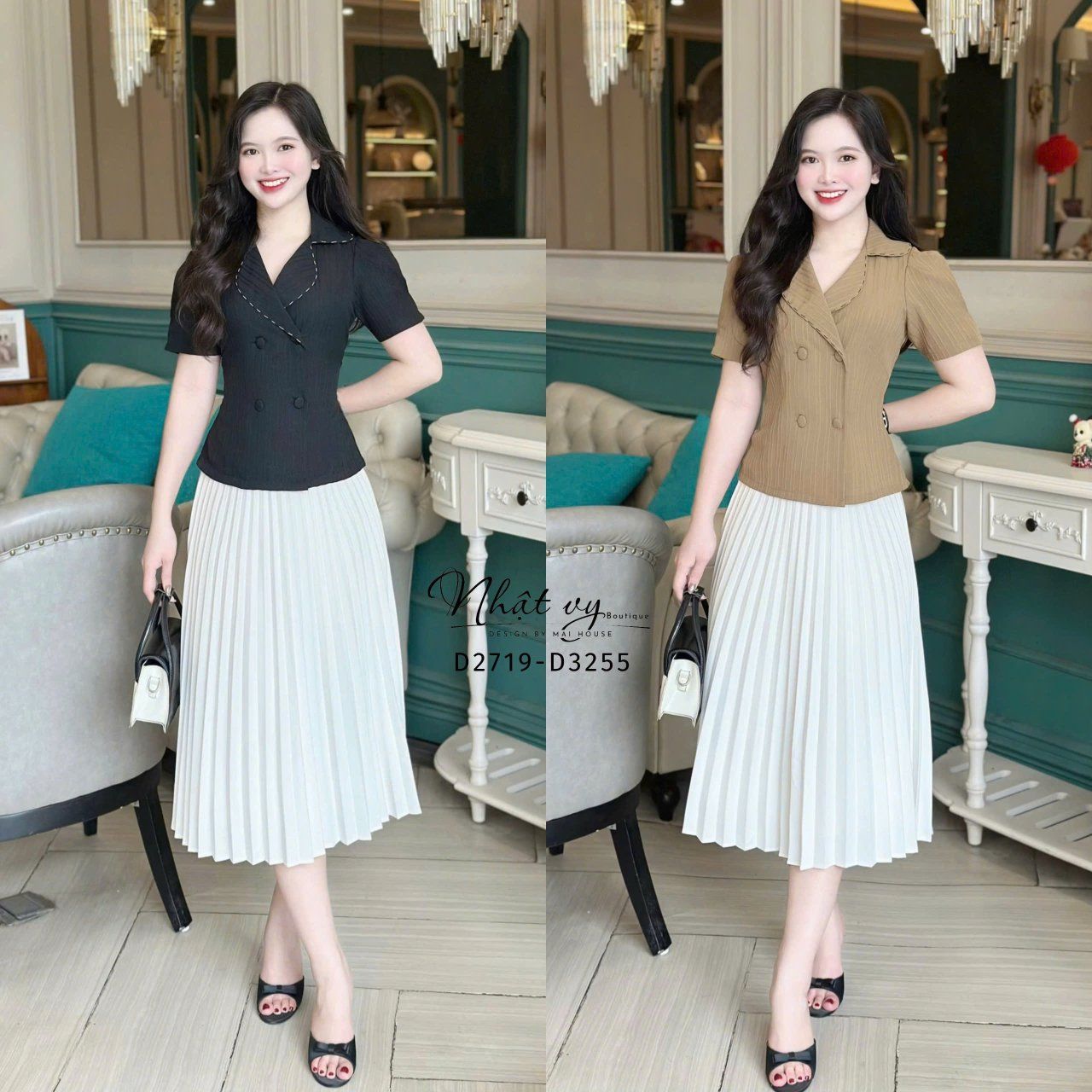 Áo cổ vest tay phồng cổ viền chỉ - D3255