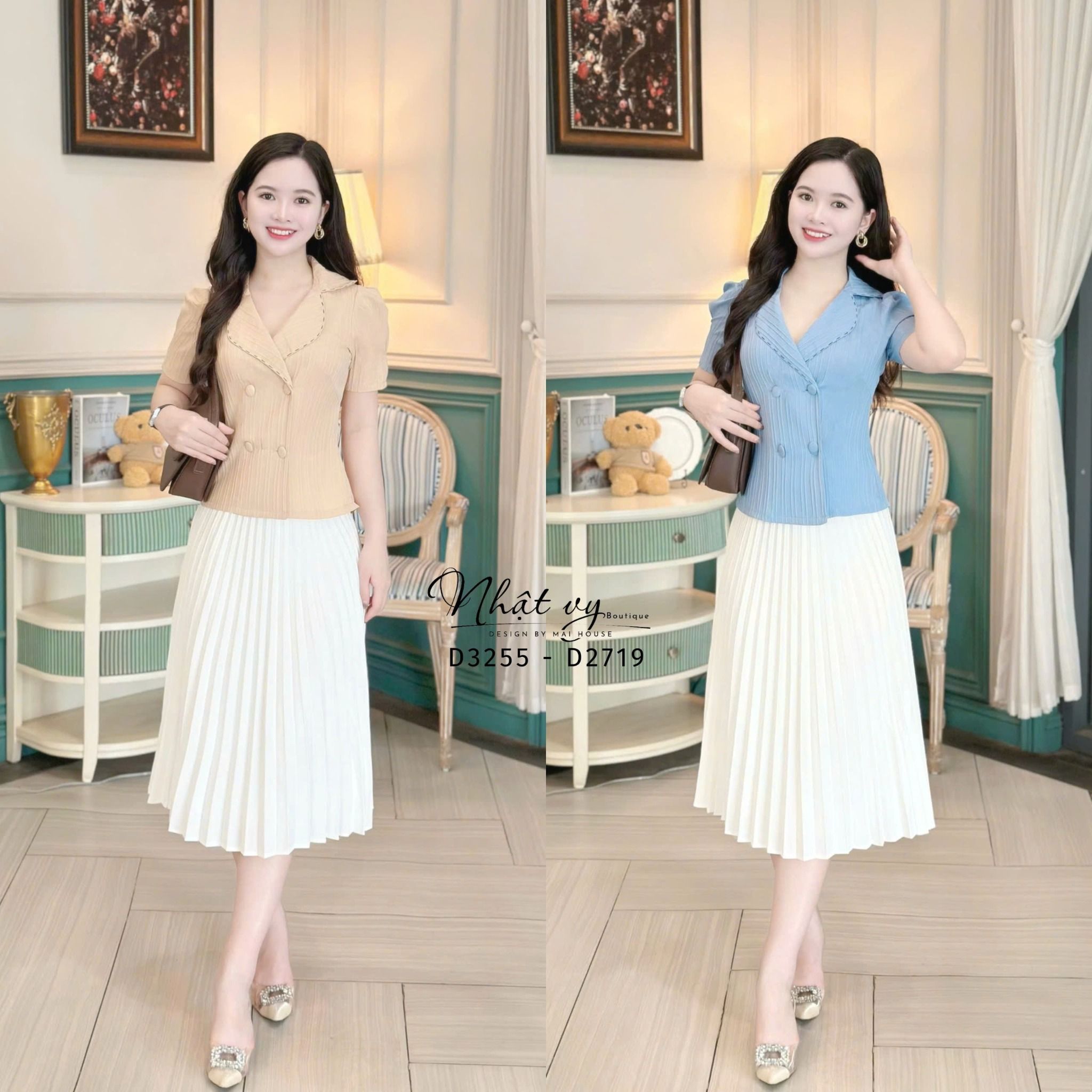 Áo cổ vest tay phồng cổ viền chỉ - D3255