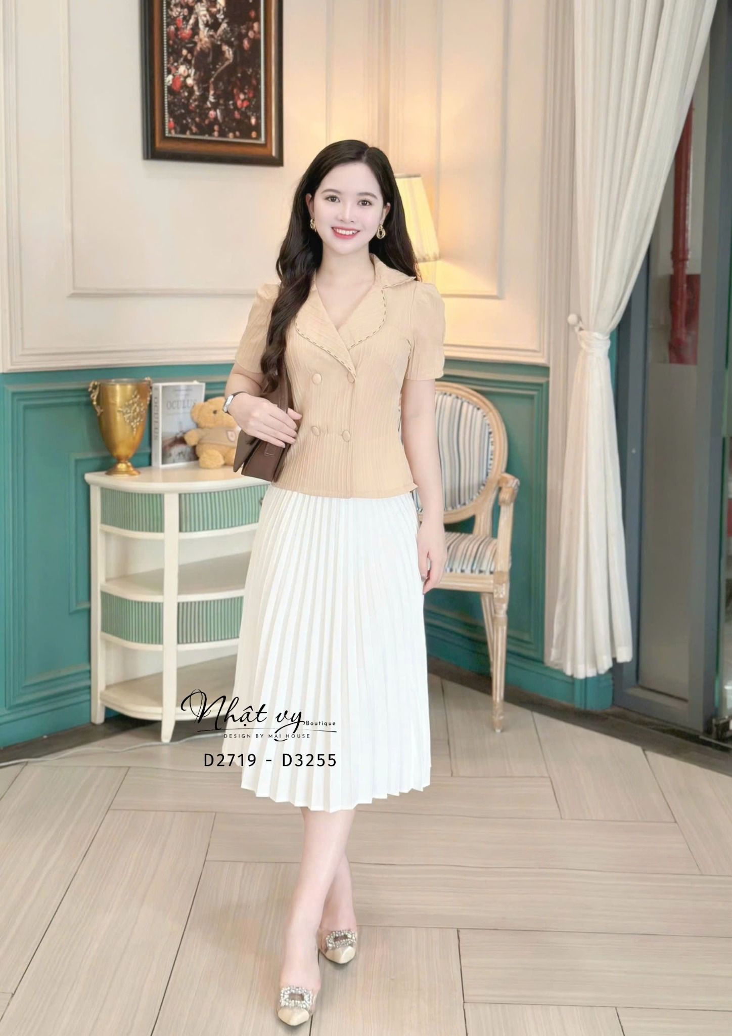 Áo cổ vest tay phồng cổ viền chỉ - D3255
