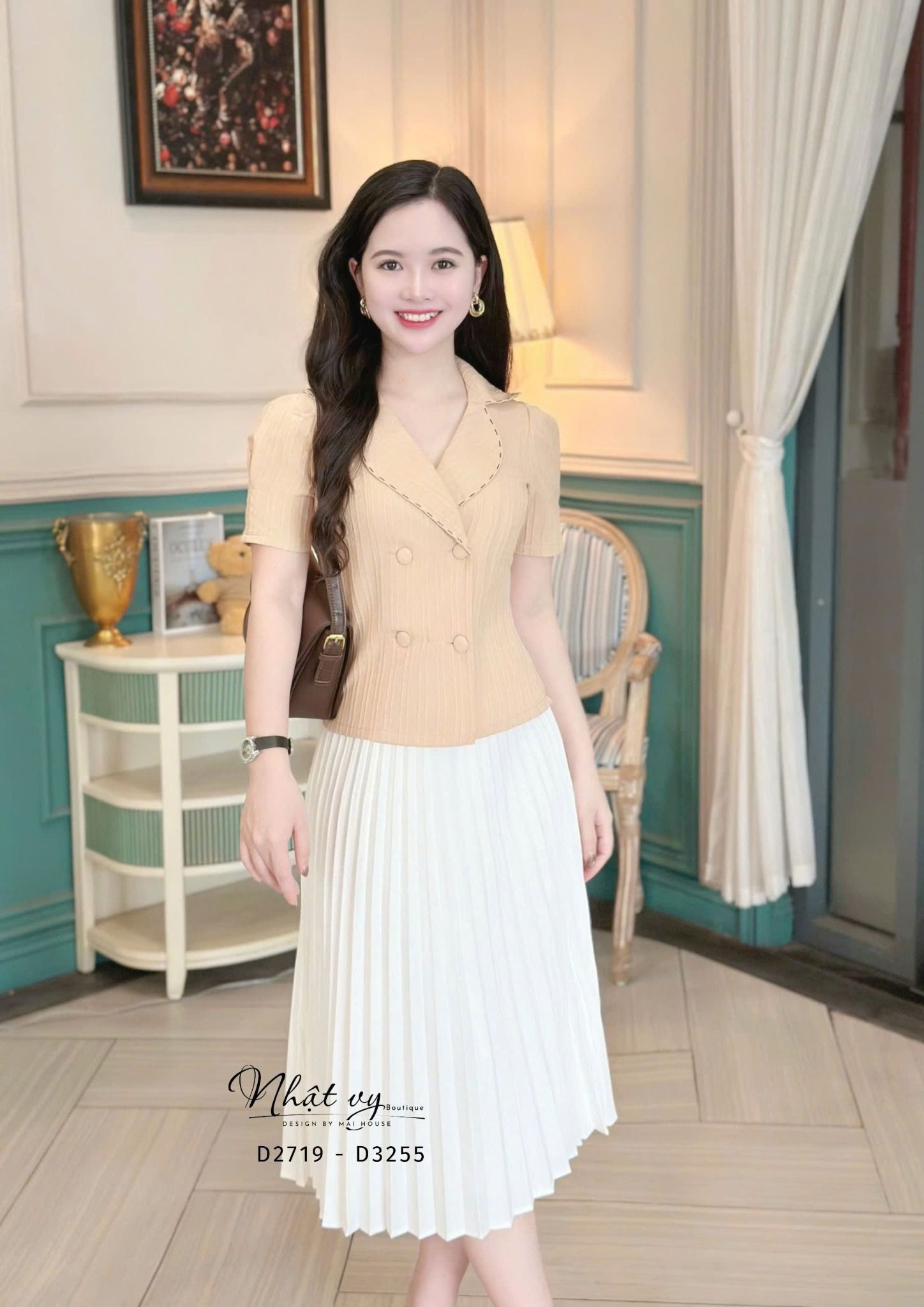 Áo cổ vest tay phồng cổ viền chỉ - D3255