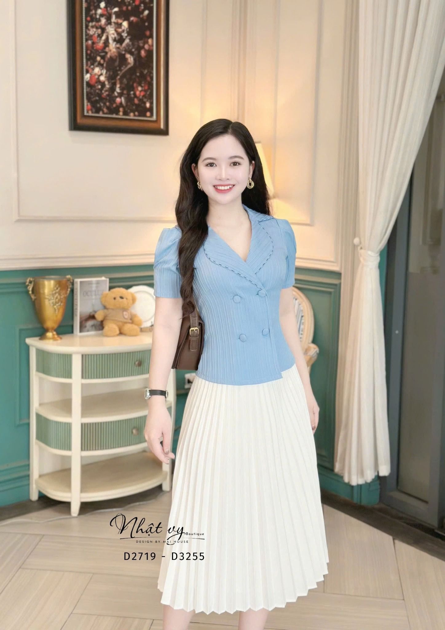 Áo cổ vest tay phồng cổ viền chỉ - D3255
