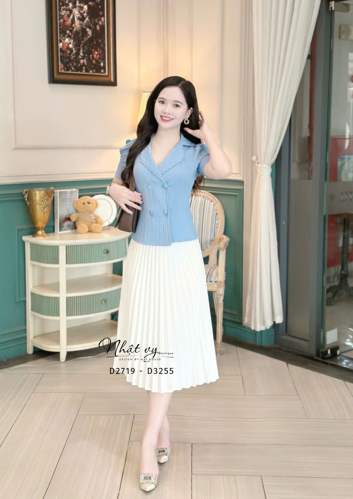 Áo cổ vest tay phồng cổ viền chỉ - D3255