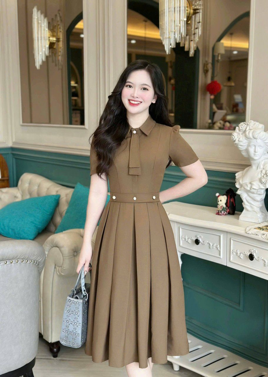 Đầm cổ sơ mi đính nút kiểu xếp ly - D3256