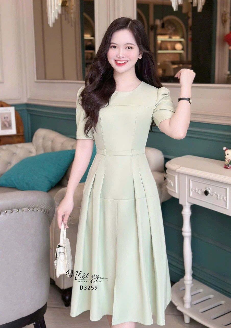 Đầm cổ tròn tay nhún cách điệu form dáng dài - D3259