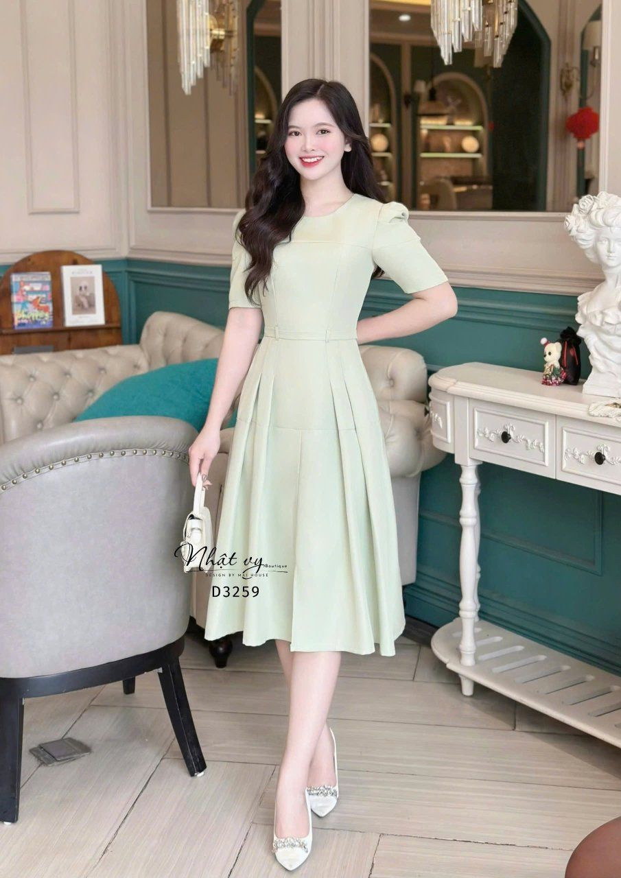 Đầm cổ tròn tay nhún cách điệu form dáng dài - D3259
