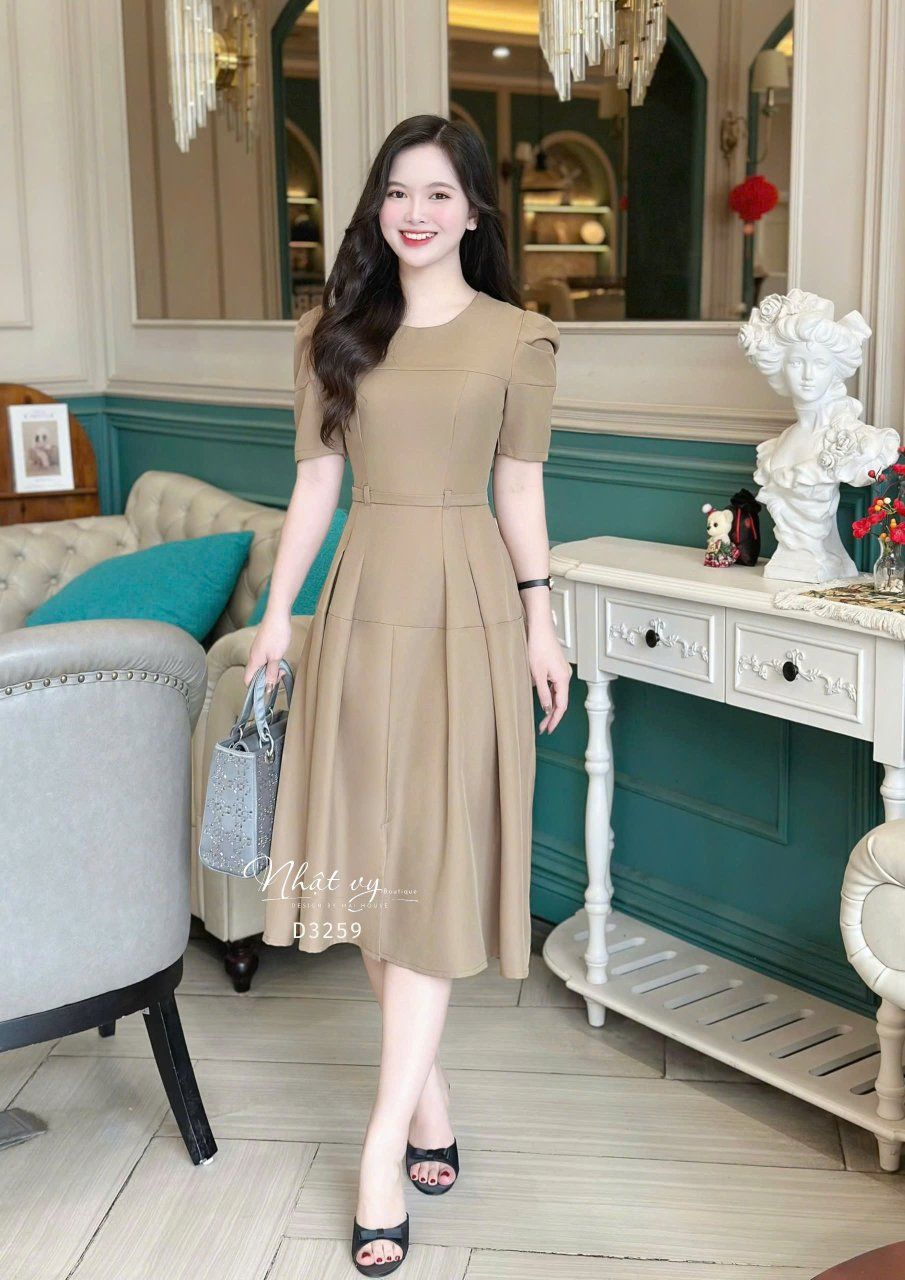 Đầm cổ tròn tay nhún cách điệu form dáng dài - D3259