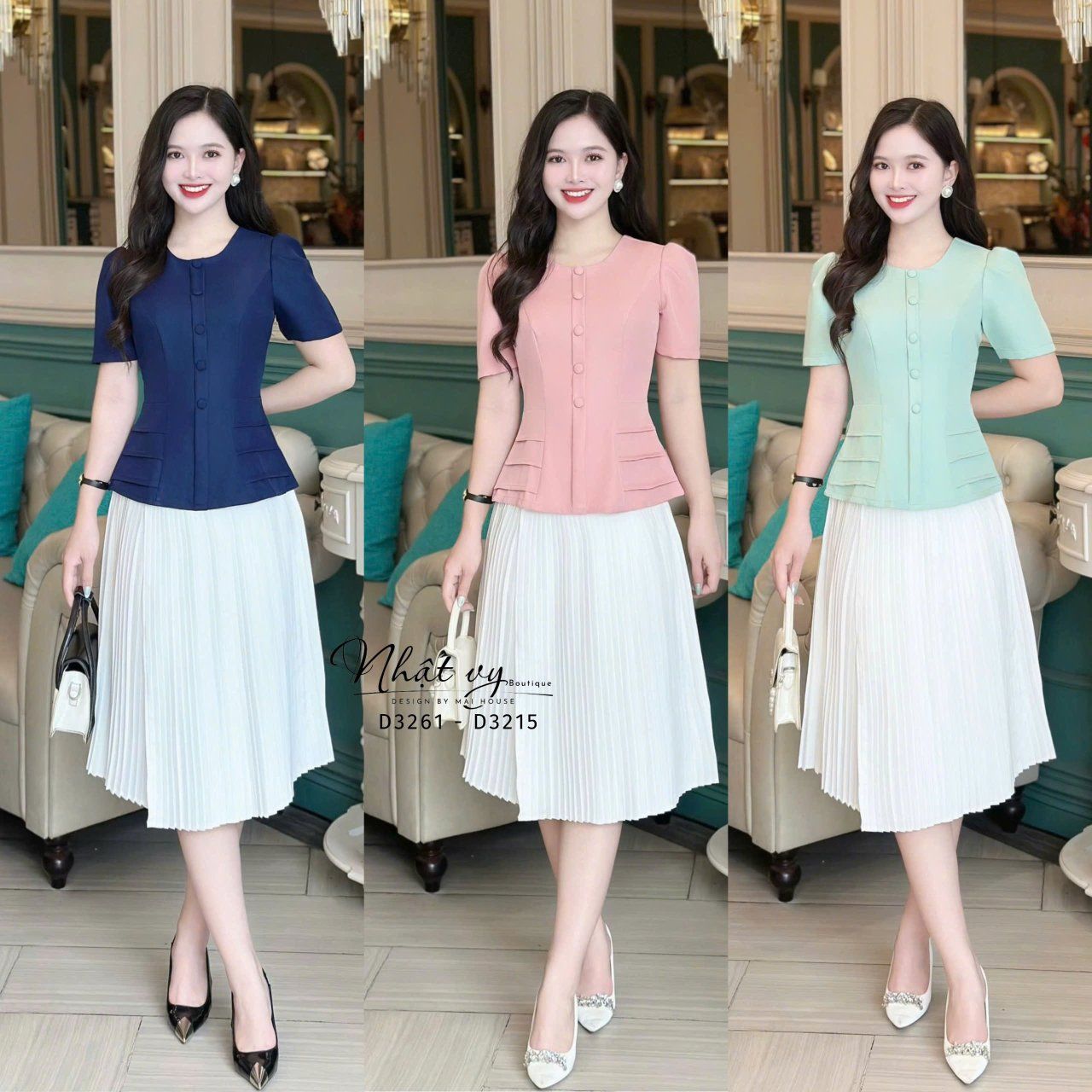 Áo peplum cổ tròn đính nút bọc - D3261