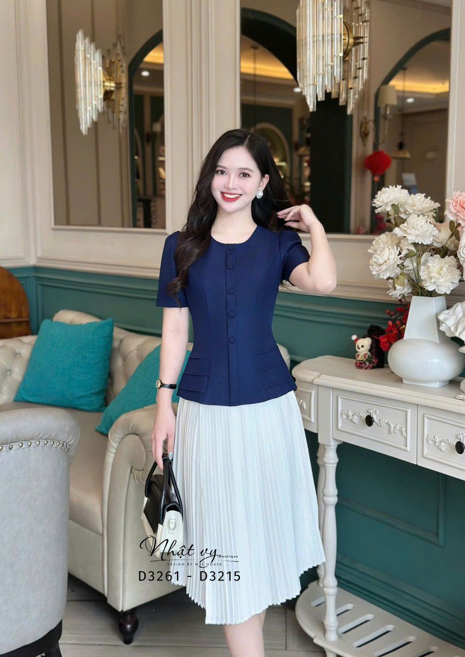 Áo peplum cổ tròn đính nút bọc - D3261