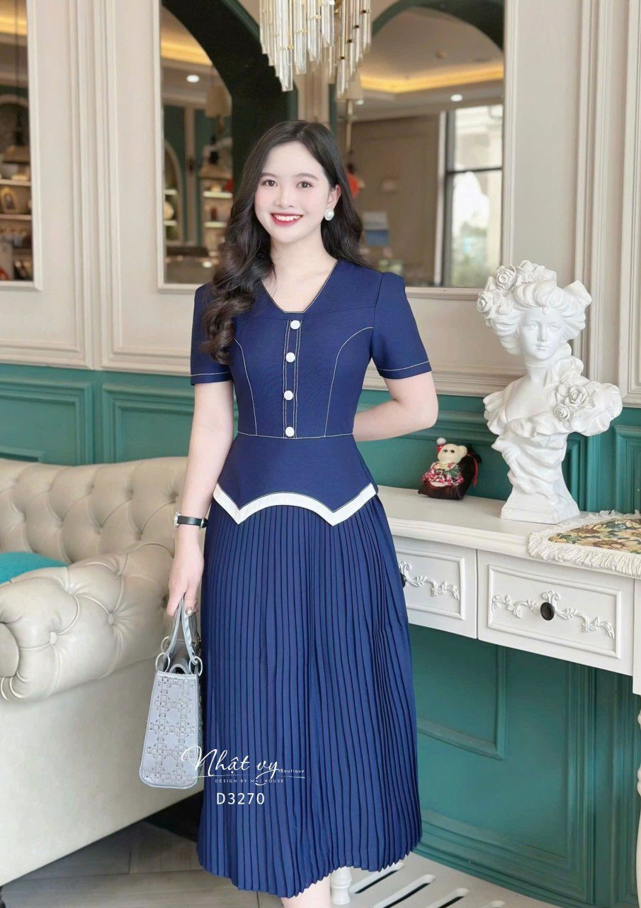 Đầm peplum viền chỉ cách điệu đính nút bọc - D3270