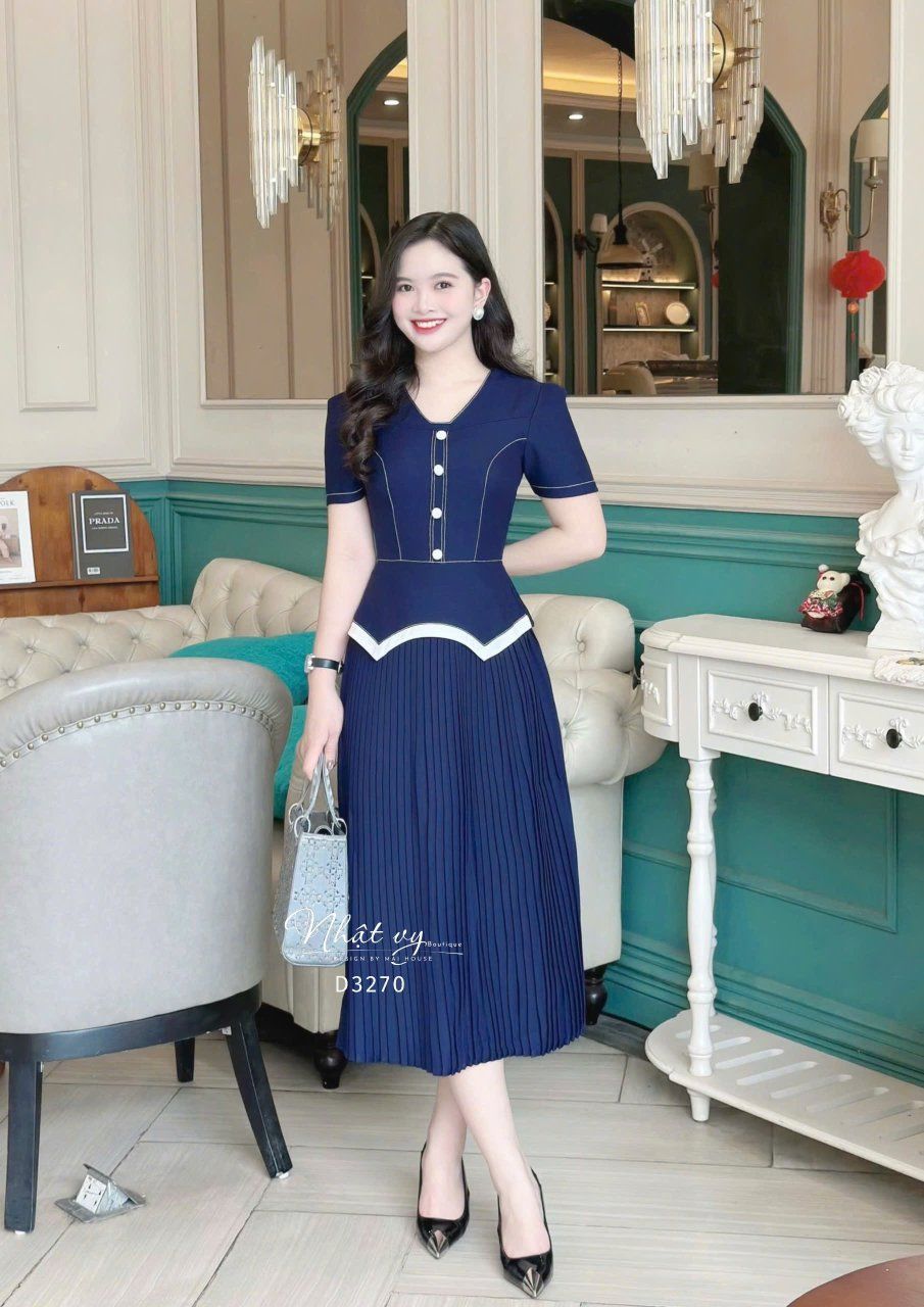 Đầm peplum viền chỉ cách điệu đính nút bọc - D3270
