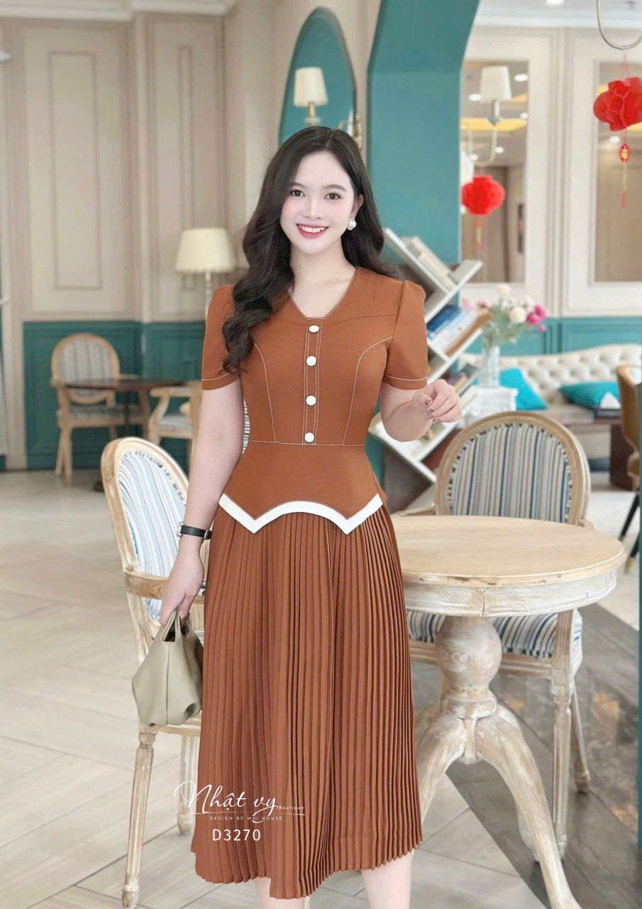 Đầm peplum viền chỉ cách điệu đính nút bọc - D3270