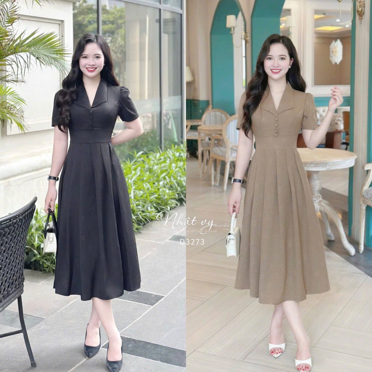 Đầm xốp hoa cổ V xếp ly đính nút bọc - D3273
