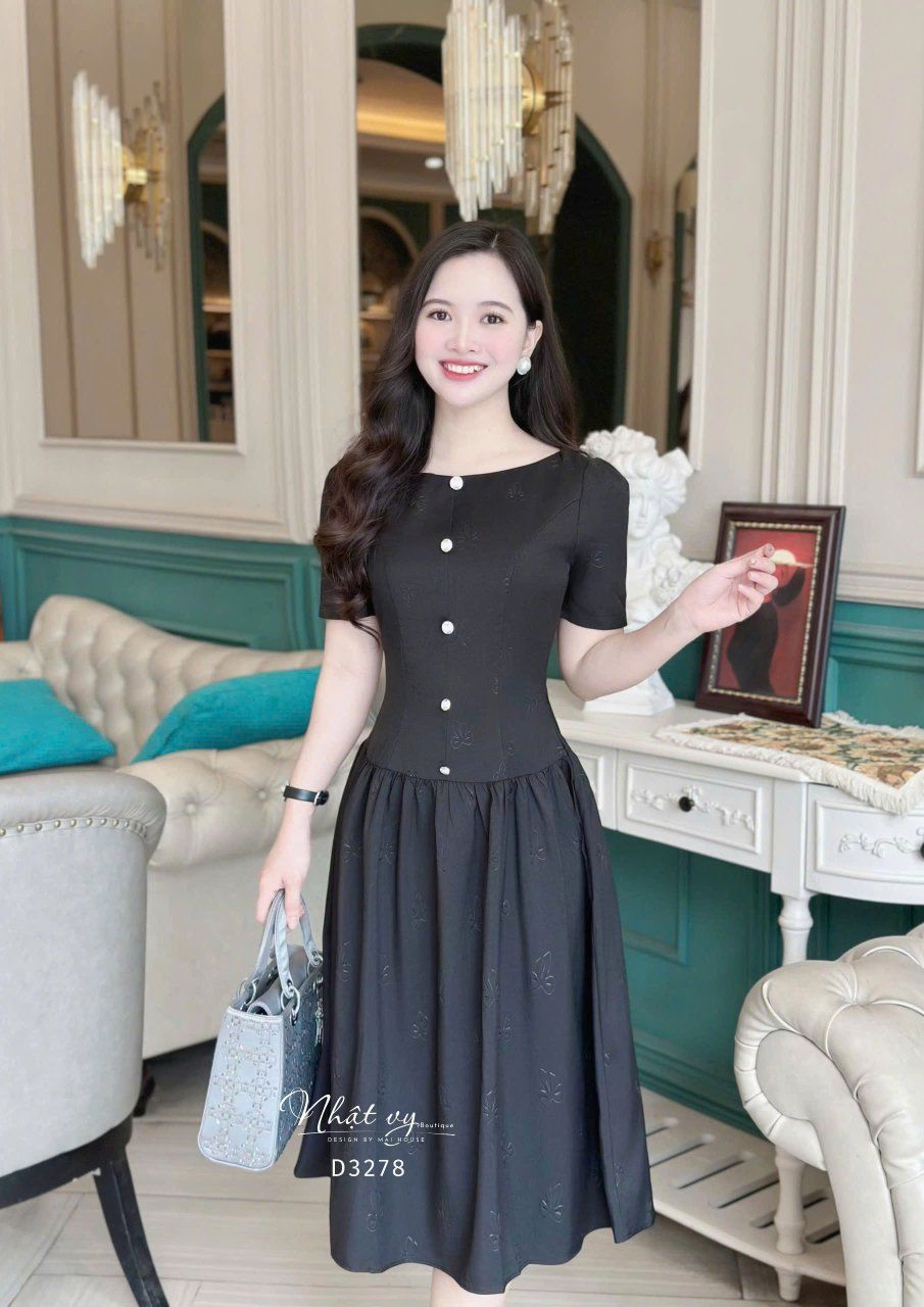 Đầm xốp cổ tròn nhún eo cách điệu đính nút kiểu - D3278