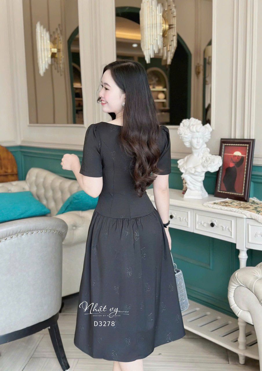 Đầm xốp cổ tròn nhún eo cách điệu đính nút kiểu - D3278