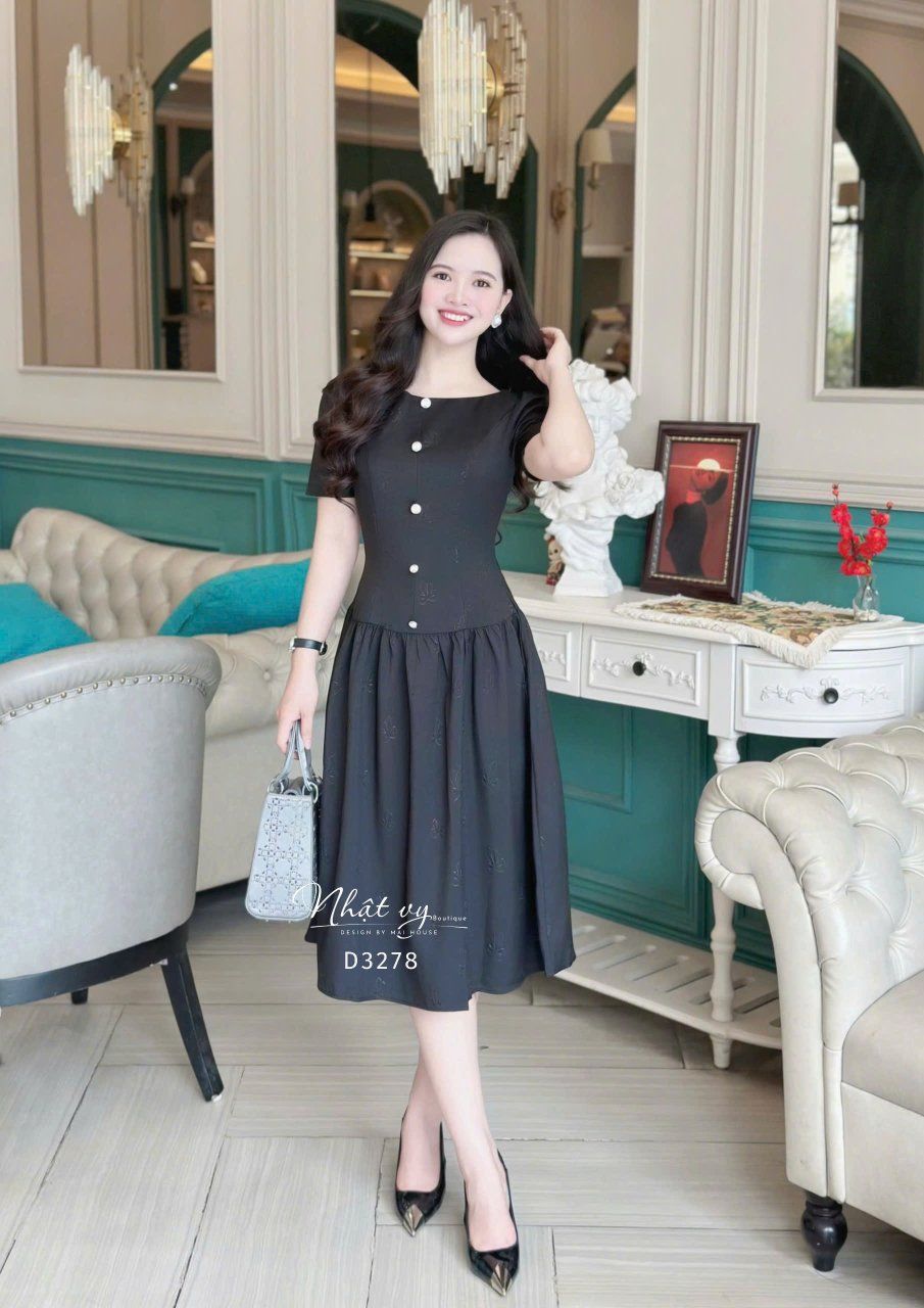 Đầm xốp cổ tròn nhún eo cách điệu đính nút kiểu - D3278