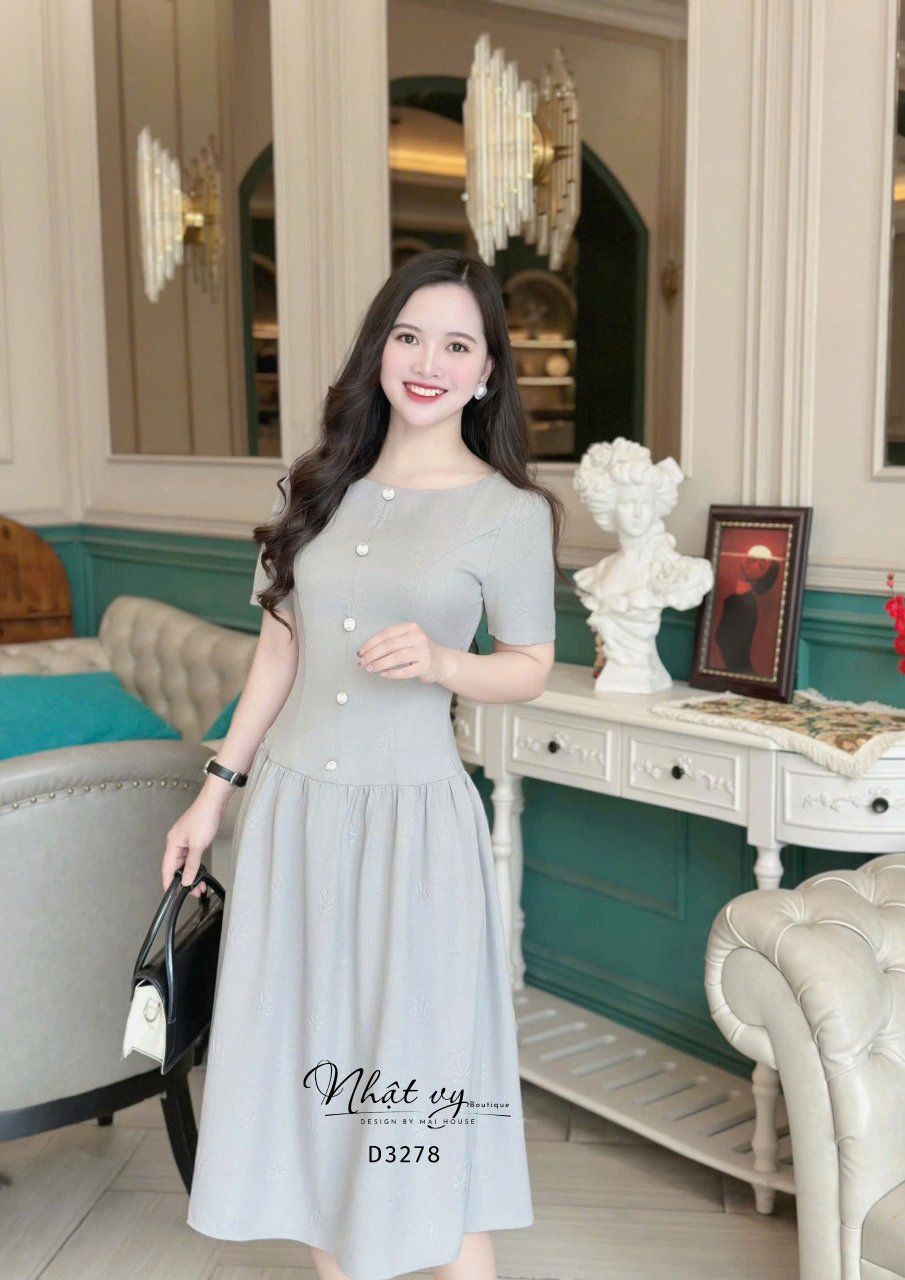 Đầm xốp cổ tròn nhún eo cách điệu đính nút kiểu - D3278