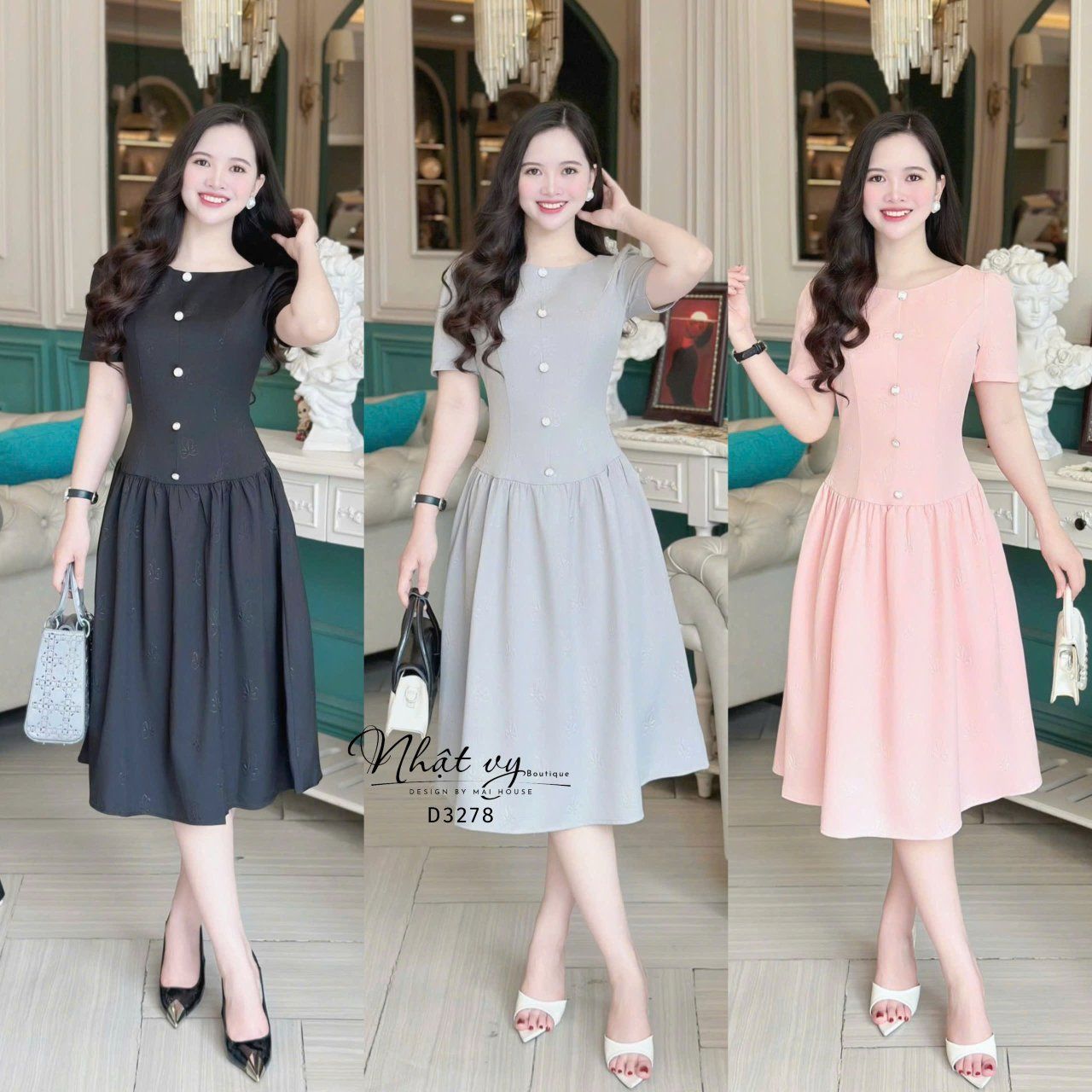 Đầm xốp cổ tròn nhún eo cách điệu đính nút kiểu - D3278