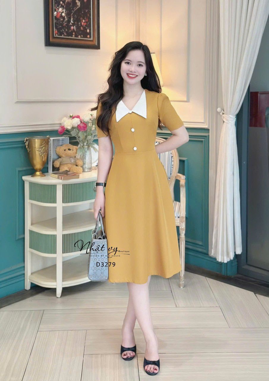 Đầm cổ V phối bèo đính nút bọc form dáng xoè - D3279