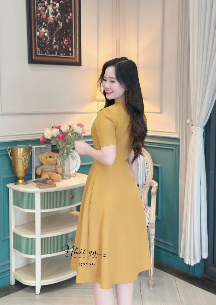 Đầm cổ V phối bèo đính nút bọc form dáng xoè - D3279