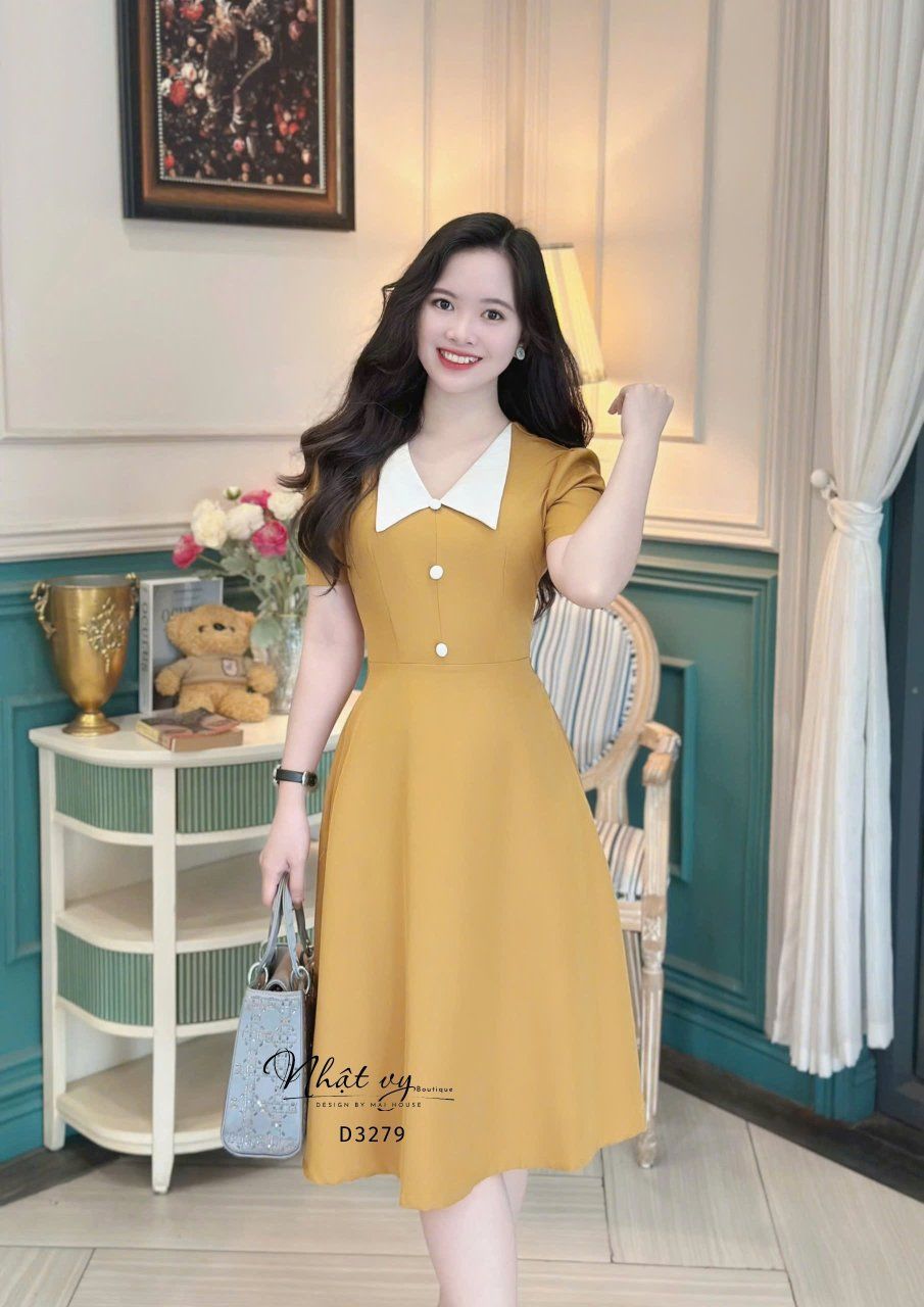 Đầm cổ V phối bèo đính nút bọc form dáng xoè - D3279