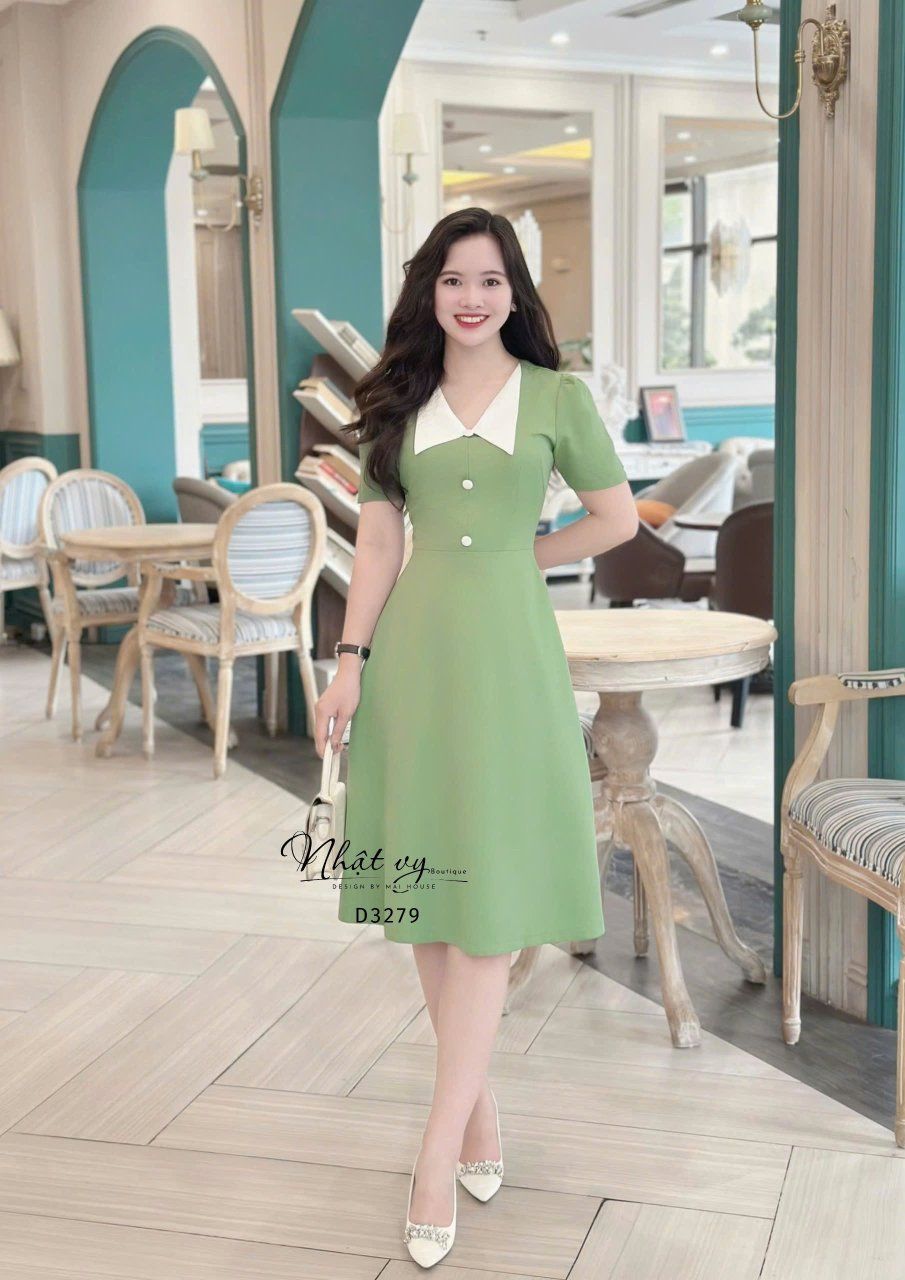 Đầm cổ V phối bèo đính nút bọc form dáng xoè - D3279