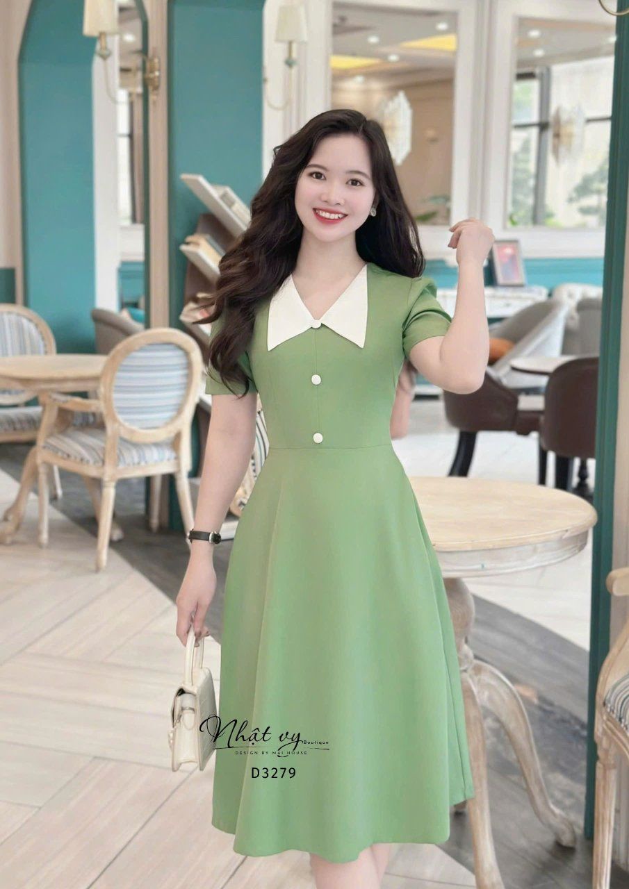 Đầm cổ V phối bèo đính nút bọc form dáng xoè - D3279